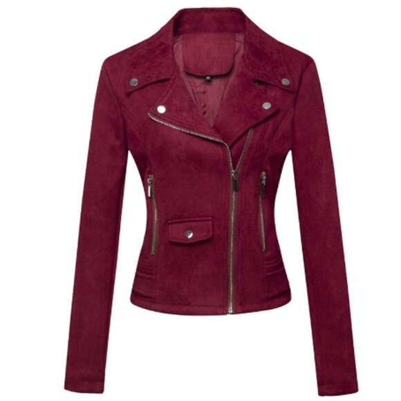 Burgundy (Faux) Suede Moto Jacket.  Red Motorcycle Jacket S. NWT. Express. - Picture 1 of 9